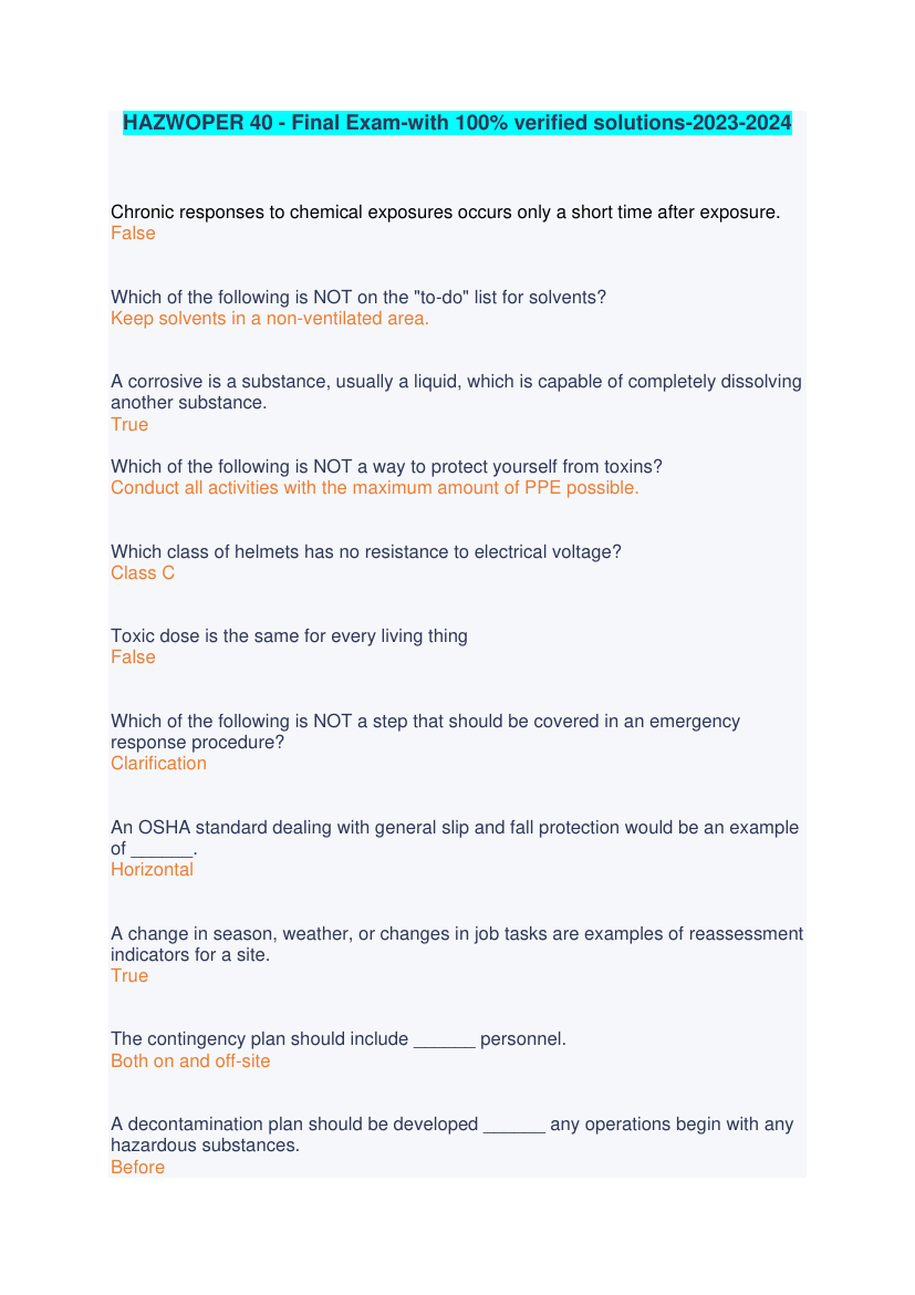 HAZWOPER 40 - Final Exam all possible Questions and Answers