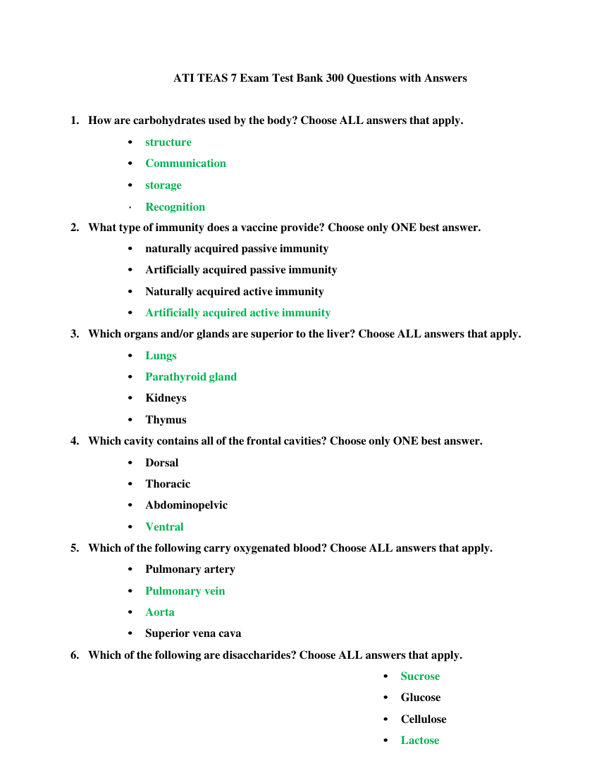 ATI TEAS 7 Exam Test Bank 300 Questions with Answers