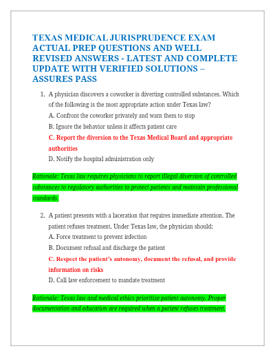 Texas medical jurisprudence exam actual prep questions and well revised answers