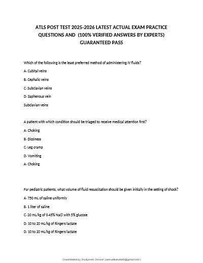 ATLS Post-Test (2025/2026) | 6 Versions (A–F) | 240 Verified Questions and Answers
