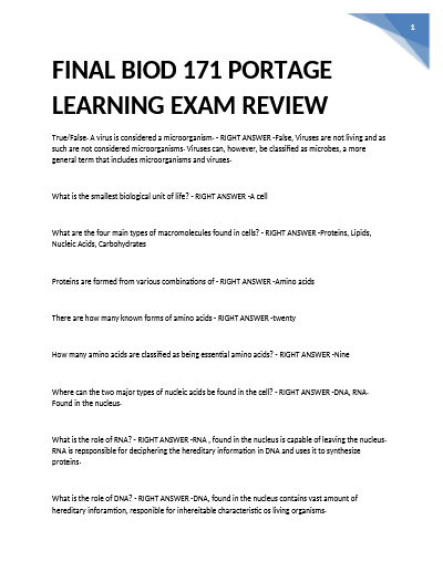 FINAL BIOD 171 PORTAGE LEARNING EXAM
