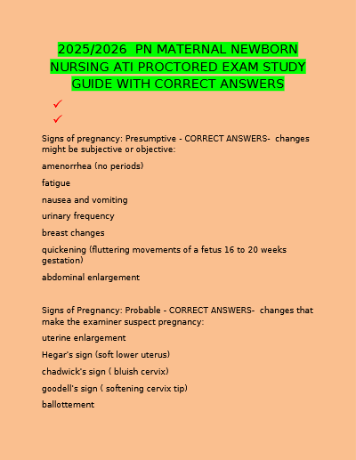 2025/2026 PN MATERNAL NEWBORN NURSING ATI PROCTORED EXAM STUDY GUIDE WITH CORRECT ANSWERS