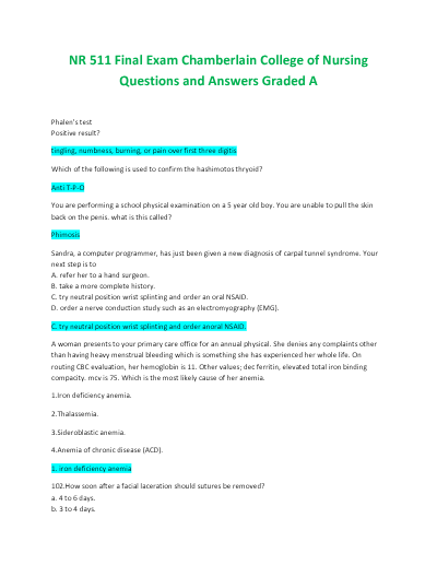 Nr 511 final exam chamberlain college of nursing questions and answers graded a