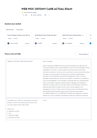 WEB WOC OSTOMY CARE Final Exam Newest Exam Preparation With Complete Questions