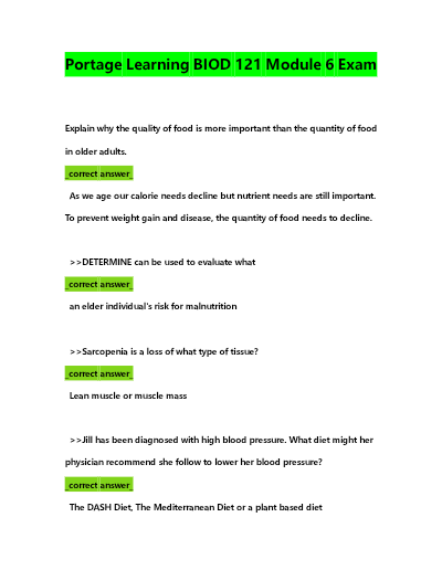 Portage Learning BIOD 121 Module 6 Exam with Verified Answers
