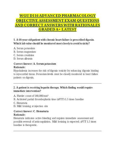 Wgu d116 advanced pharmacology objective assessment exam questions and correct answers with rationales graded a