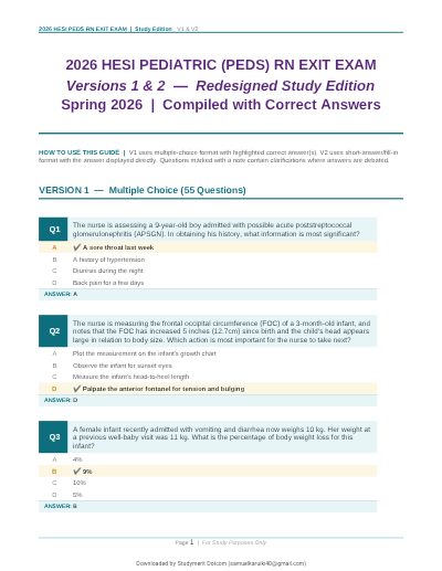 HESI RN PEDIATRICS , Questions and Answers with Rationale, Study Guide