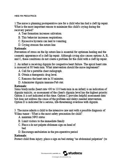 HESI RN PEDIATRICS , Questions and Answers with Rationale, Study Guide