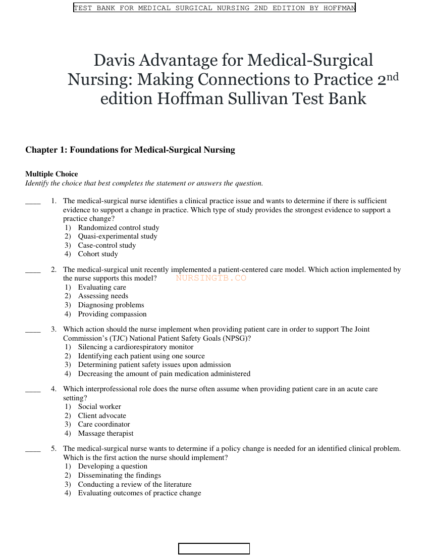 Test bank Davis Advantage for Medical-Surgical Nursing: Making Connections to Practice 2rd Edition by Hoffman PDF A