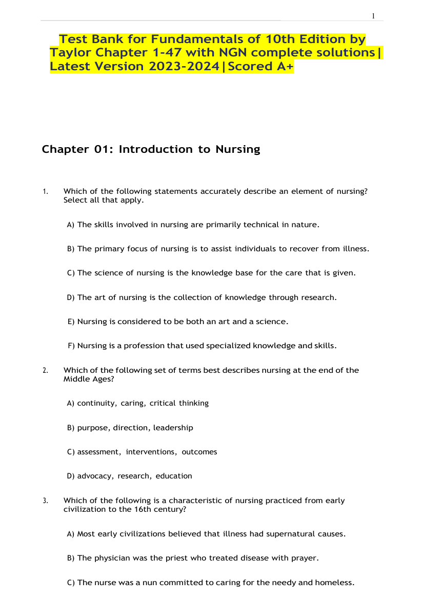 Test Bank for Fundamentals of Nursing 10th Edition by Taylor Chapter 1-47 | Complete Guide Newest Version 2024