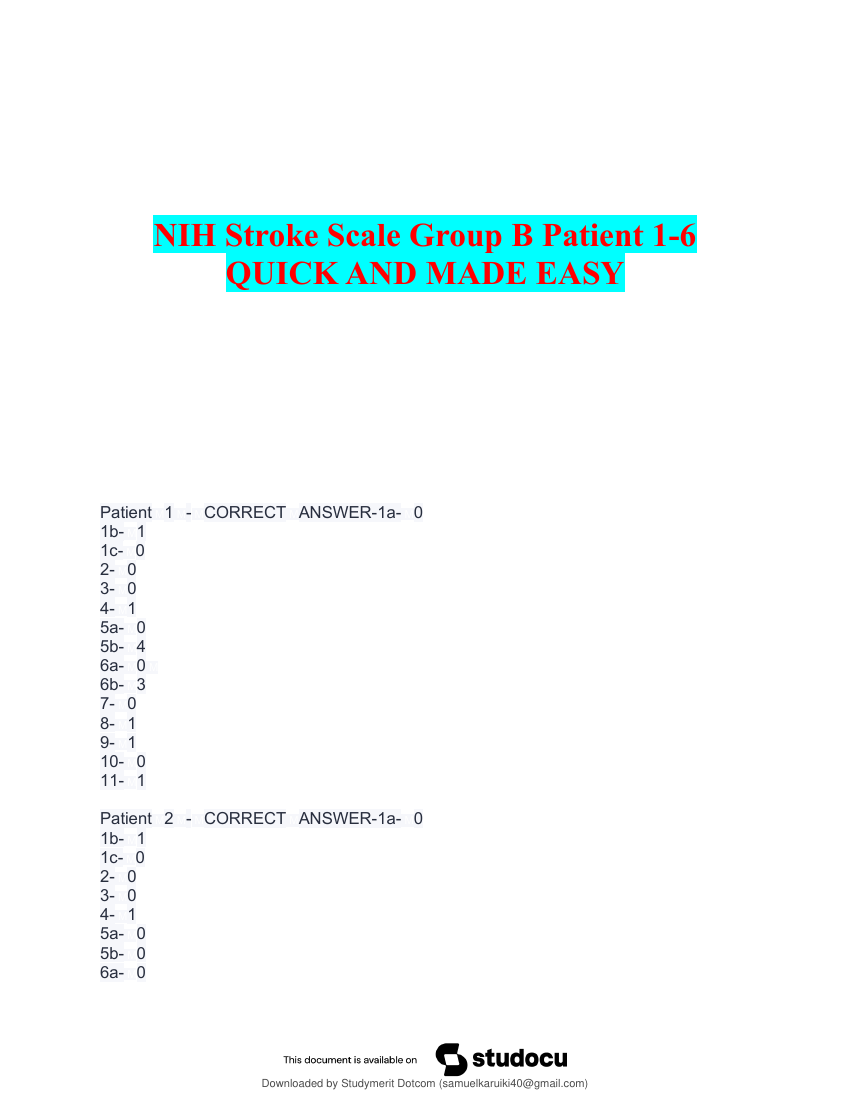 NIH Stroke Scale Group B Patient 1-6 100% VERIFIED ANSWERS