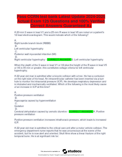CCRN test bank Latest Update Actual Exam 125 Questions and 100% Verified Correct Answers