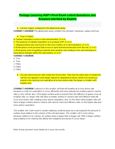 Portage Learning Human Anatomy & Physiology 1 W/Lab BIOL251: Final Exams (+500 Questions); All Latest Versions/ Verified