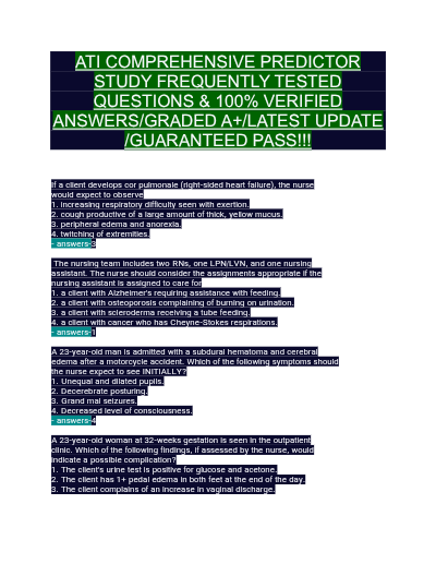 ATI COMPREHENSIVE PREDICTOR STUDY FREQUENTLY TESTED QUESTIONS & 100% VERIFIED ANSWERS/GRADED A+/LATEST UPDATE /GUARANTEED PASS