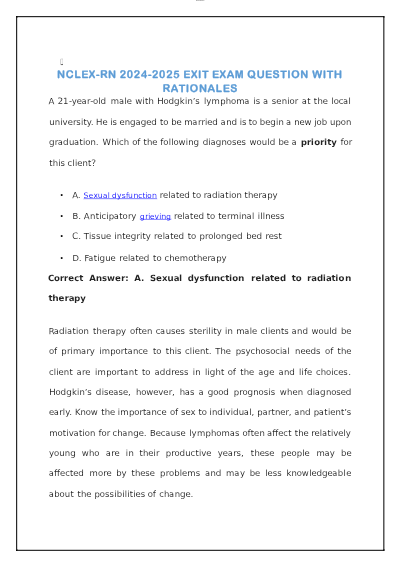 NCLEX-RN 2024-2025 EXIT EXAM QUESTION WITH RATIONALES