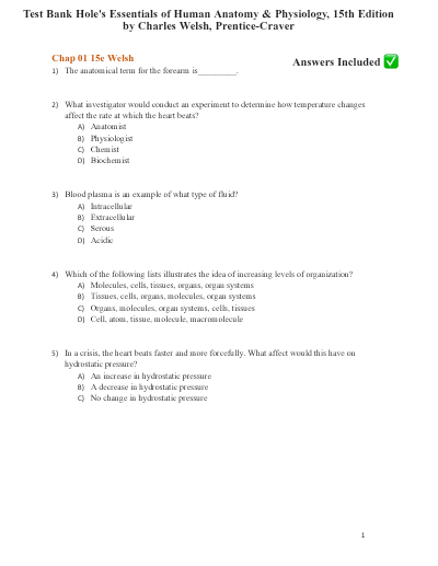 Test Bank Complete_ Hole's Essentials of Human Anatomy and Physiology 15th Edition, (2024) By Charles Welsh & Cynthia Prentice-Craver All Chapter 1-20| Newest