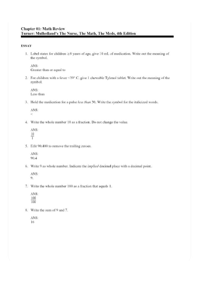 Test Bank Mulholland's The Nurse, The Math, The Meds Drug Calculations Using Dimensional Analysis 4th Edition by Susan Turner Chapter 1-17