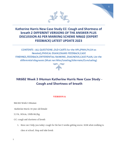 NR602 Week 3 IHuman Katherine Harris New Case Study - Cough and Shortness of breath