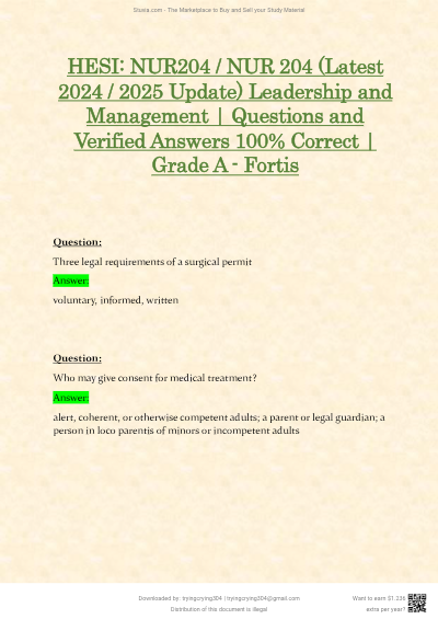 NUR 204 / NUR204 HESI Leadership and Management V2 Actual Exam 2026/2027
