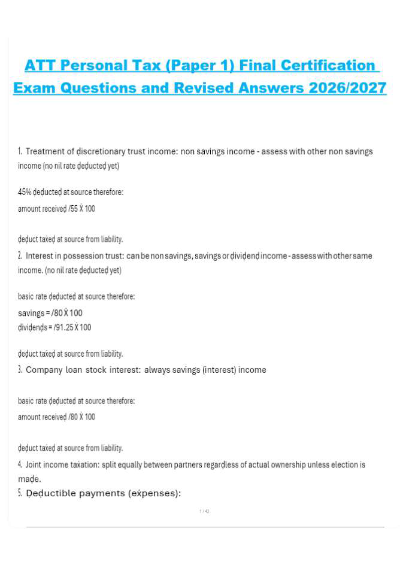 ATT Personal Tax Paper 1 Final Certification Exam Questions and Revised Answers 2026/2027 – Personal Taxation Study Guide