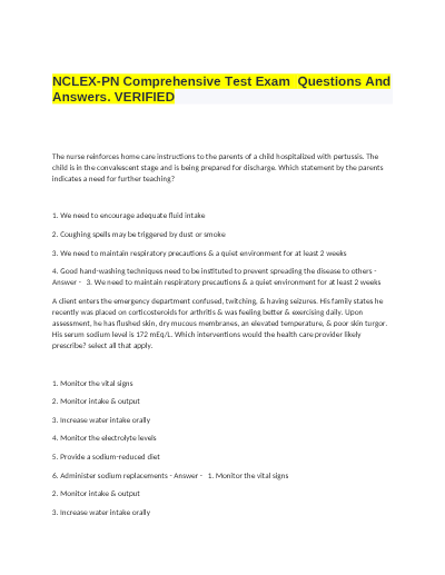 NCLEX-PN Comprehensive Test Exam  Questions And Answers. VERIFIED