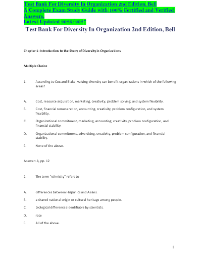 Test Bank For Diversity In Organization 2nd Edition, Bell A Complete Exam Study Guide with 100% Certified and Verified Answers. Latest Updated 2026/2027