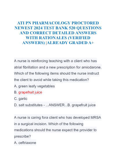 ATI PN Pharmacology Proctored Exam Review – Latest 2026/2027 Update – 75 Questions with Answers Act