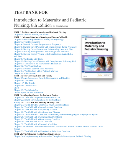 Test Bank for Introduction to Maternity and Pediatric Nursing, 8th Edition, by Gloria Leifer.