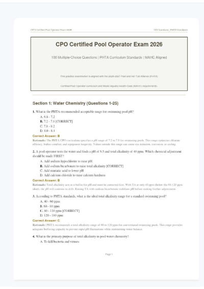 CPO CERTIFIED POOL OPERATOR EXAM 2026/2027| Water Chemistry, Filtration and Safety Q&A | Pass