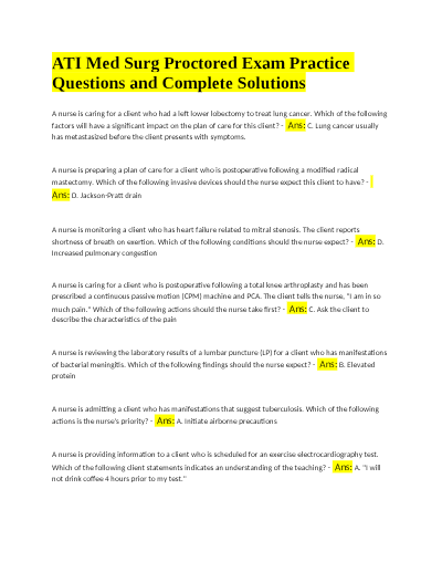 ATI Med Surg Proctored Exam Practice Questions and Complete Solutions