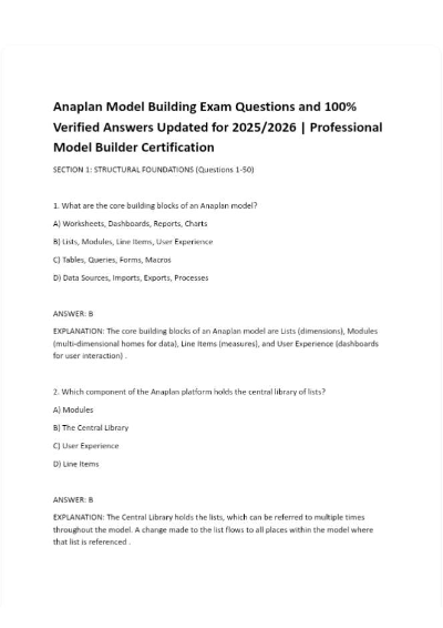 Anaplan Model Building Exam Questions and 100% Verified Answers Updated for 2025/2026 | Professional Model Builder Certification