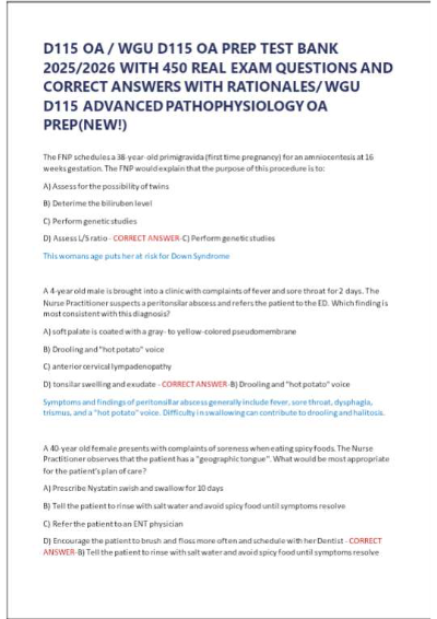D115 OA / WGU D115 OA PREP TEST BANK 2025/2026 WITH 450 EXAM QUESTIONS AND CORRECT ANSWERS
