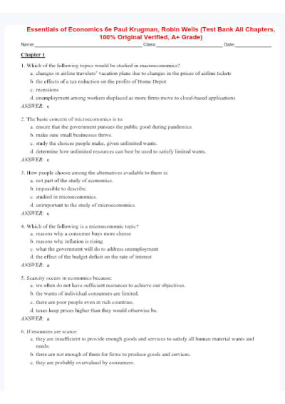 Test Bank For Essentials of Economics 6th Edition By Paul Krugman, Robin Wells (All Chapters, Verified,)