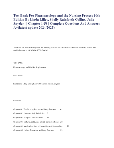 Pharmacology and the Nursing Process – Test Bank (10th Edition, Linda Lane Lilley) – Complete Chapter-by-Chapter Exam Questions & Verified Answers