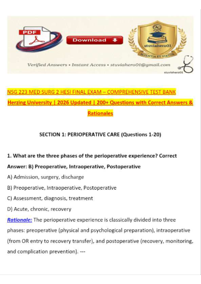 NSG 223 MED SURG 2 HESI FINAL EXAM – COMPREHENSIVE TEST BANK Herzing University | 2026 Updated | 200+ Questions with Correct Answers & Rationales