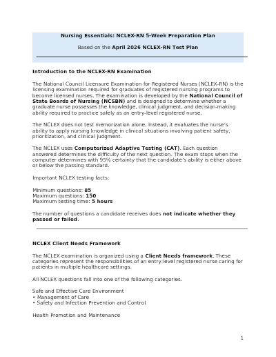 NCLEX-RN 5-Week Preparation Plan Based on the April 2026 NCLEX-RN Test Plan.