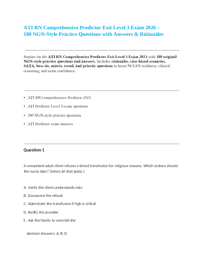 2026 ATI Comprehensive Predictor Exit Exam with NGN – 180 Questions with Answers | Updated 2023–2026 Version