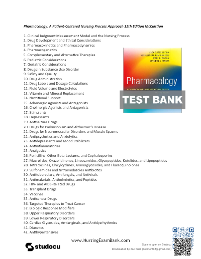 Test Bank for Pharmacology: A Patient-Centered Nursing Process Approach 12th Edition by Linda E. McCuistion