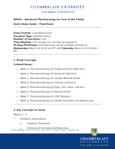NR566 - Advanced Pharmacology for Care of the Family Exam Study Guide