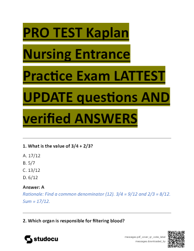 Kaplan Nursing Entrance Practice Exam Latest UPDATE questions AND verified Answers