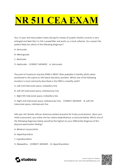 NR 511 CEA Exam | Chamberlain University | 2026 | Actual Exam Questions with Verified Answers