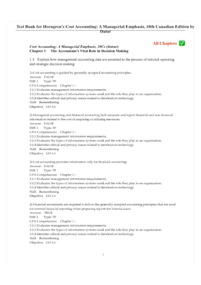 Test Bank for Horngren's Cost Accounting: A Managerial Emphasis, 10th Canadian Edition by Srikant M. Datar