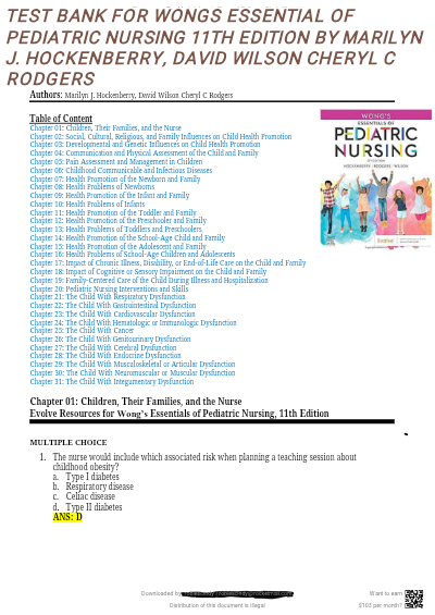 TEST BANK FOR Wong's Essentials of Pediatric Nursing 11th Edition by Marilyn J. Hockenberry , ISBN: 9780323624190 |COMPLETE TEST BANK| Guide A+