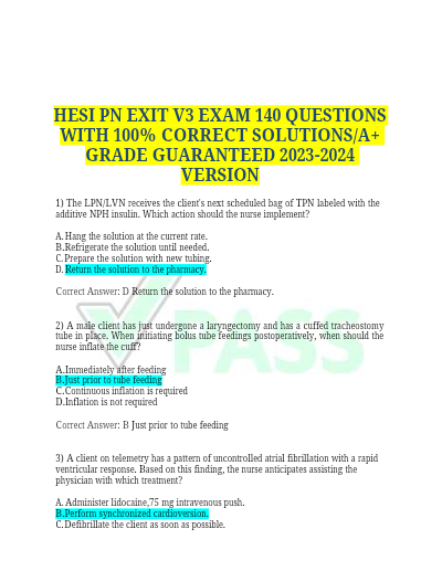 HESI PN EXIT V3 EXAM 140 QUESTIONS WITH 100% CORRECT SOLUTIONS/A+ GRADE GUARANTEED  VERSION