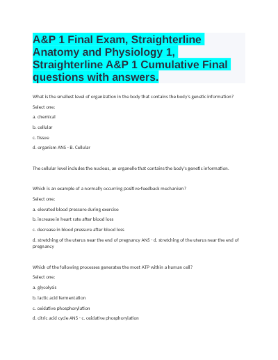 A&P 1 Final Exam, Straighterline Anatomy and Physiology 1, Straighterline