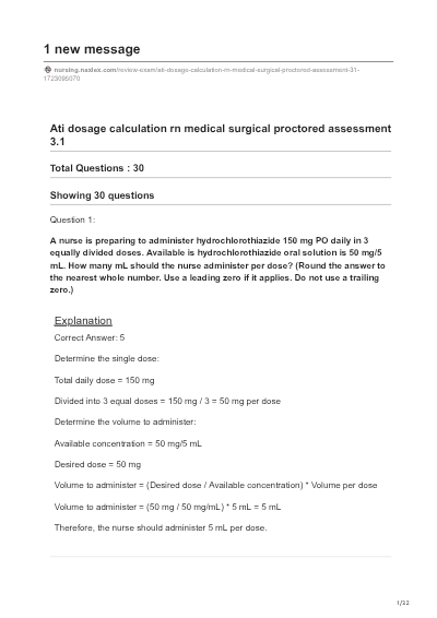 ATI Dosage Calculation PN Adult medical surgical PROCTORED ASSESSMENT 3.2 Questions and Answers