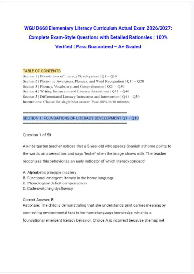 WGU D668 Elementary Literacy Curriculum Exam 2026/2027: Complete Exam
